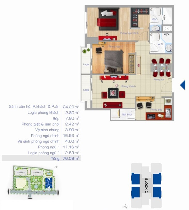 Thiết kế căn hộ 2 phòng ngủ diện tích 76,59 m² tại Block C