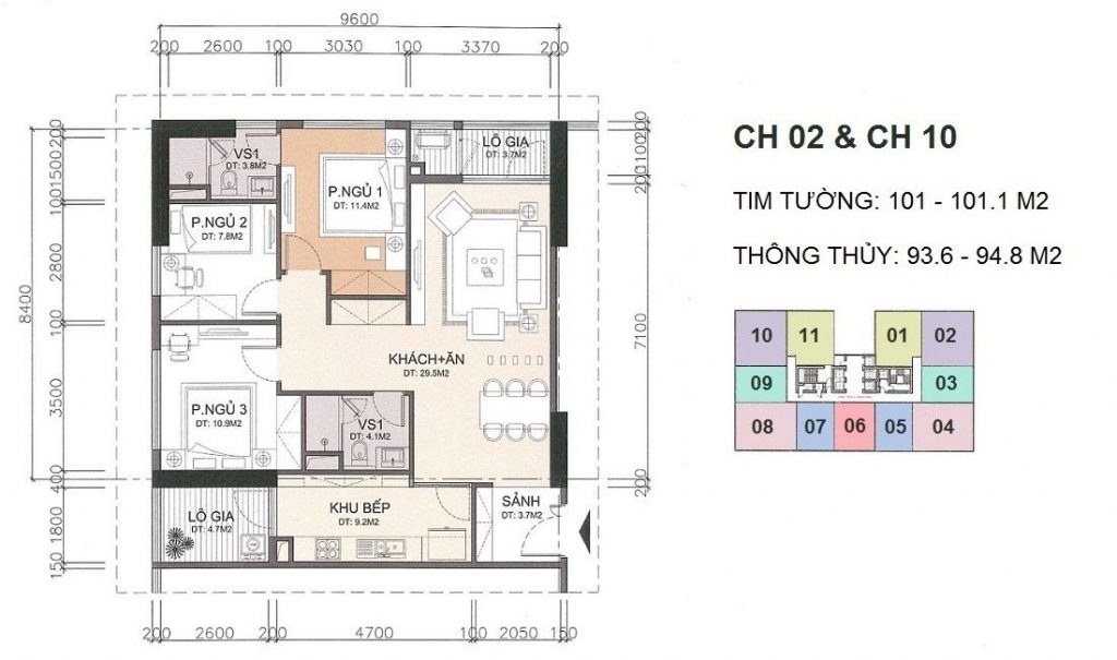 Thiết kế căn hộ 3 phòng ngủ diện tích 93.6 - 94.8 m2
