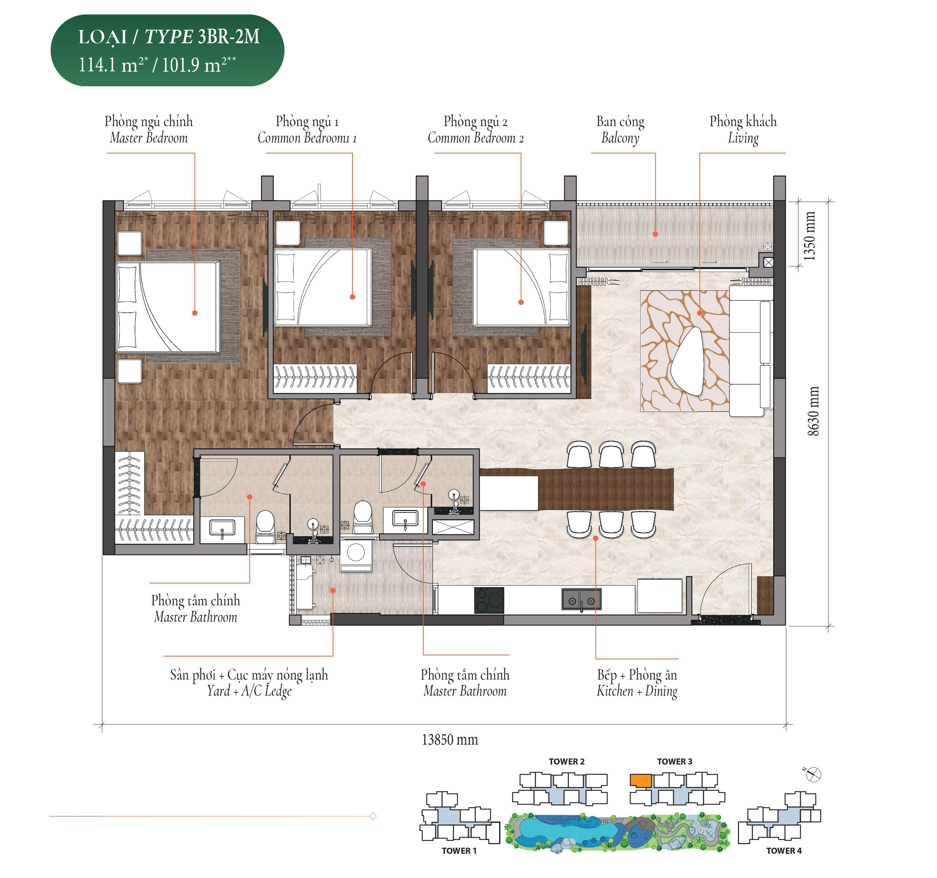 Mặt bằng căn hộ điển hình 3 phòng ngủ - 3BR-2M