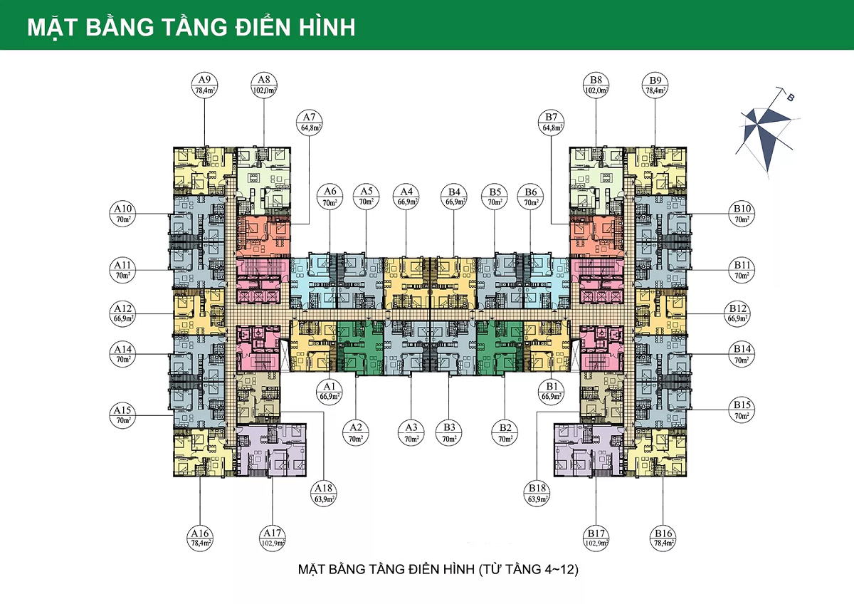 Mặt bằng tầng điển hình (4-12) chung cư Hoành Sơn Complex