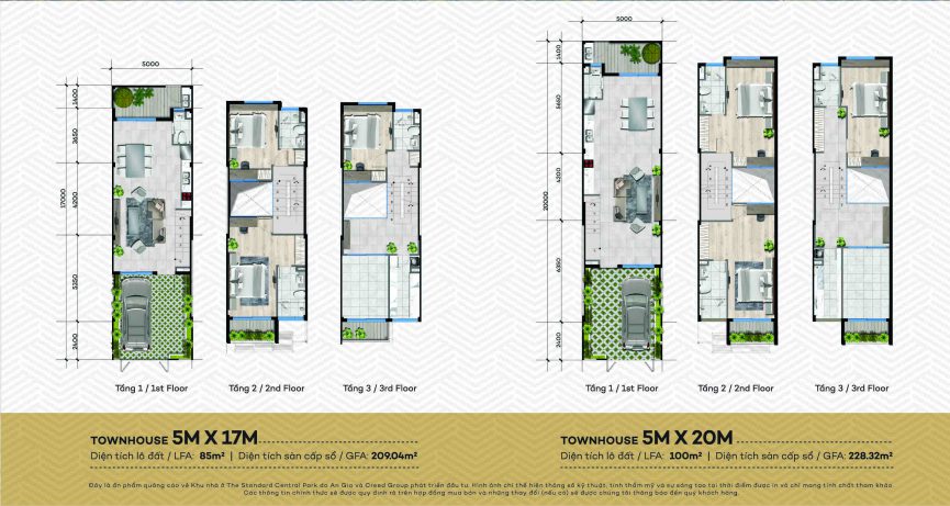 Mặt bằng nhà phố 5x17m và 5x20m