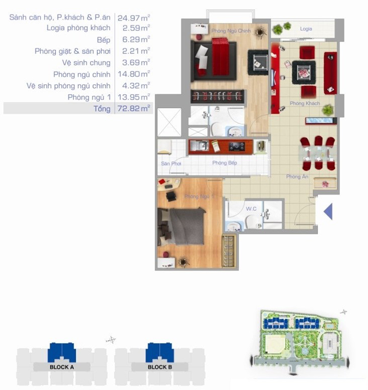 Thiết kế căn hộ 2 phòng ngủ diện tích 72,82 m² tại Block A và B