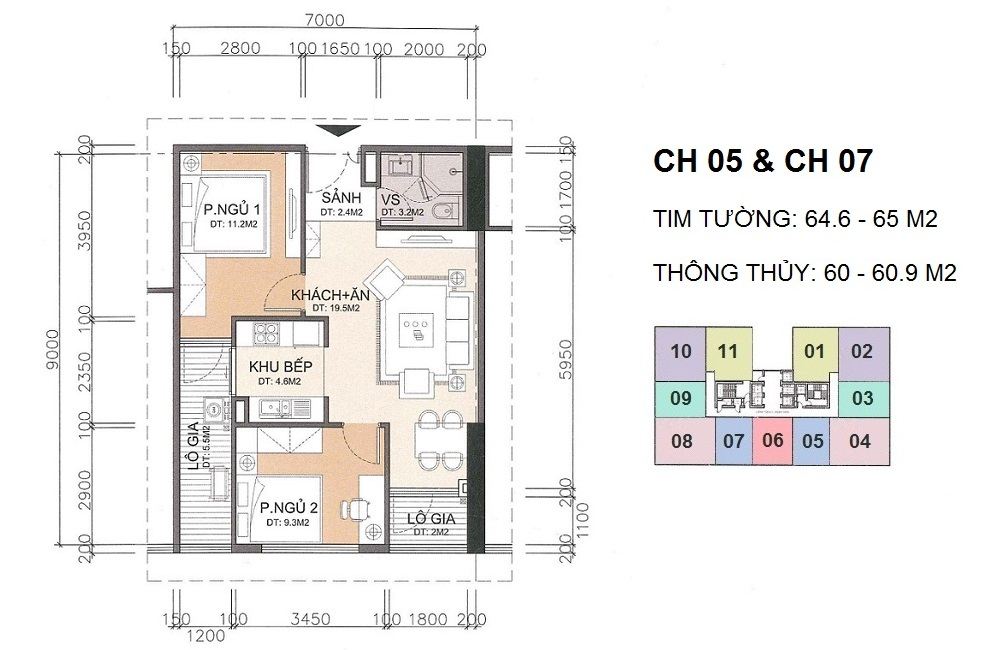 Thiết kế căn hộ 2 phòng ngủ diện tích 60 - 60.9 m2