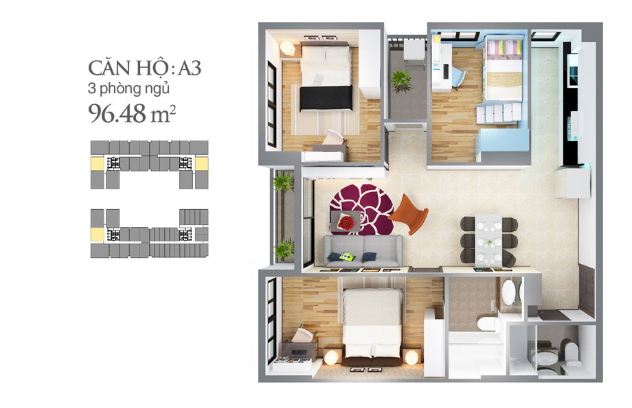 Thiết kế căn hộ 3 phòng ngủ diện tích 96.48 m2