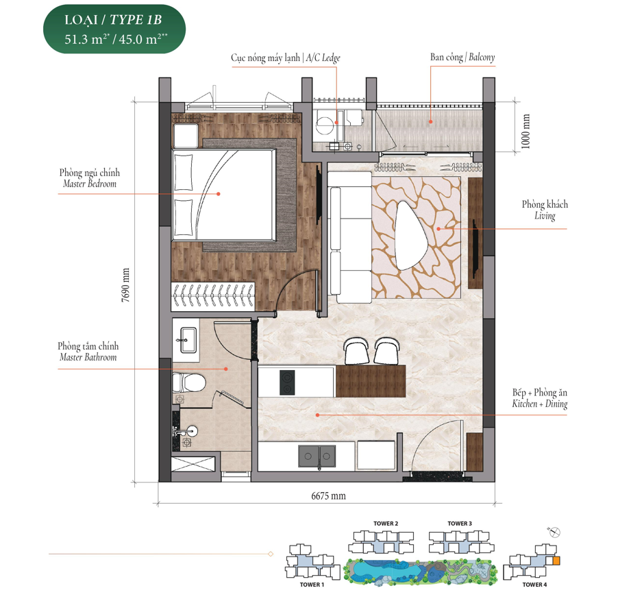 Mặt bằng căn hộ điển hình 1 phòng ngủ - 1B