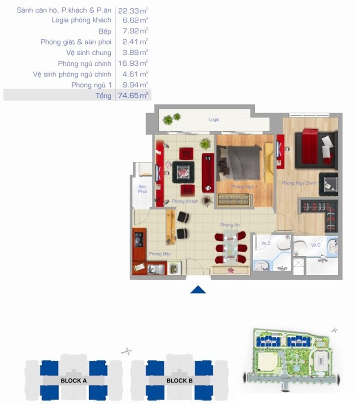 Thiết kế căn hộ 2 phòng ngủ diện tích 74,65 m² tại Block A và B