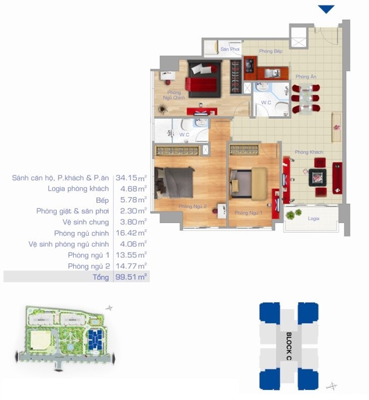 Thiết kế căn hộ 3 phòng ngủ diện tích 99,51 m² tại Block C