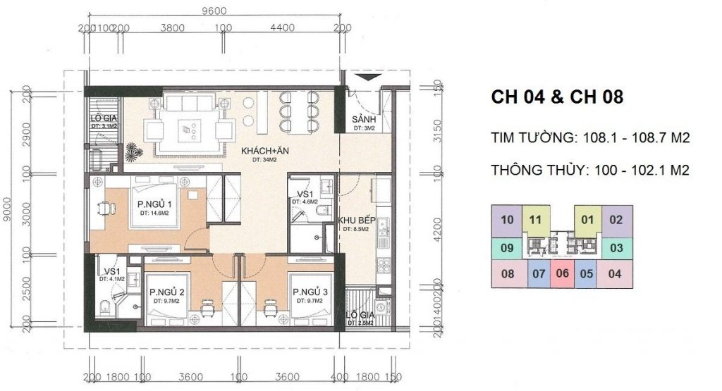 Thiết kế căn hộ 3 phòng ngủ diện tích 100 - 102.1 m2