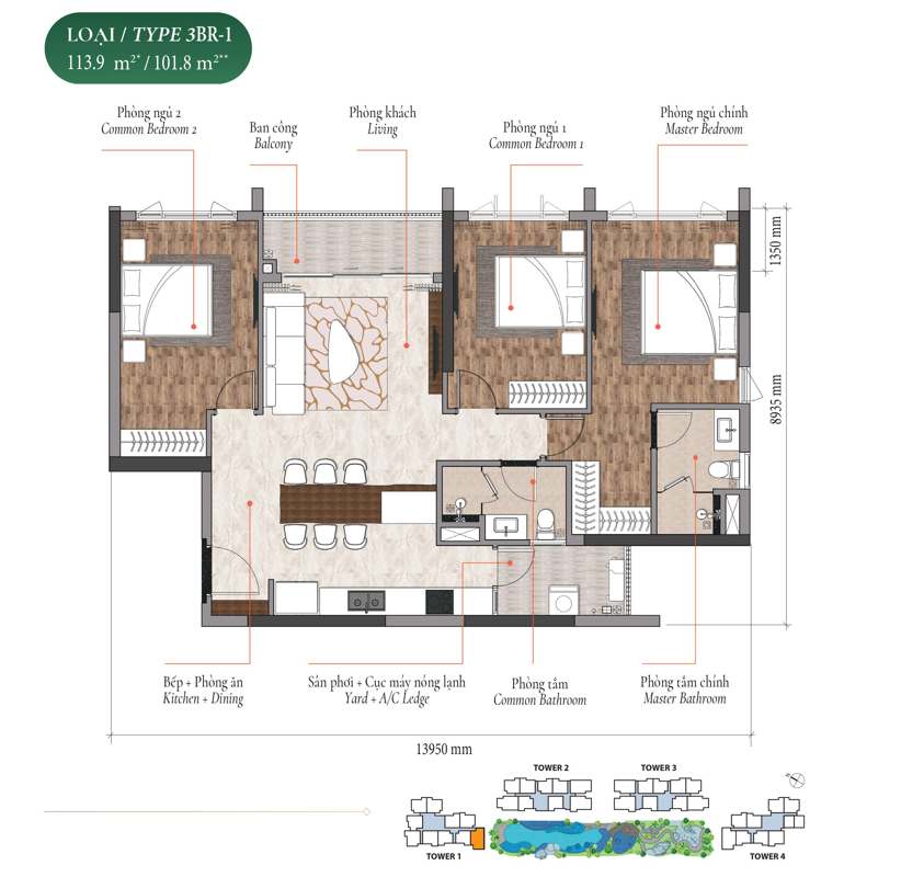 Mặt bằng căn hộ điển hình 3 phòng ngủ - 3BR-1