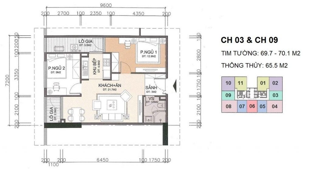 Thiết kế căn hộ 2 phòng ngủ diện tích 65.5 m2