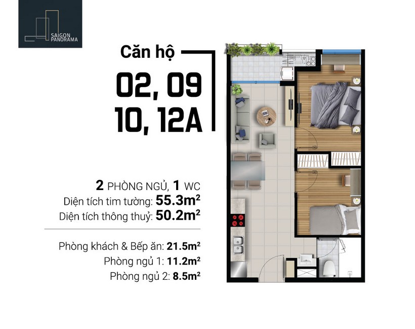 Thiết kế căn hộ diện tích 55.3 m2 