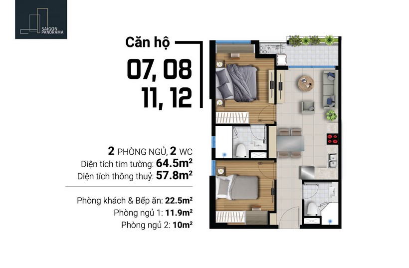 Thiết kế căn hộ diện tích 64.5 m2 
