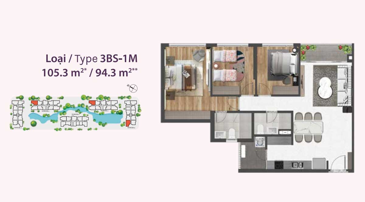 Mặt bằng thiết kế căn hộ 3 phòng ngủ diện tích 105,3 m2