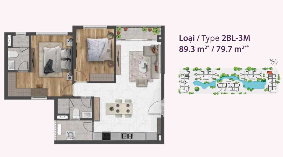 Mặt bằng thiết kế căn hộ 2 phòng ngủ diện tích 89,3 m2