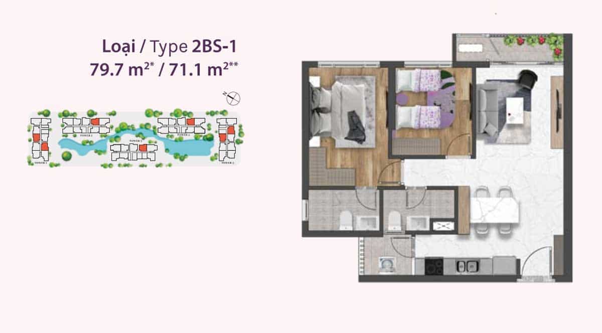 Mặt bằng thiết kế căn hộ 2 phòng ngủ diện tích 79,7 m2
