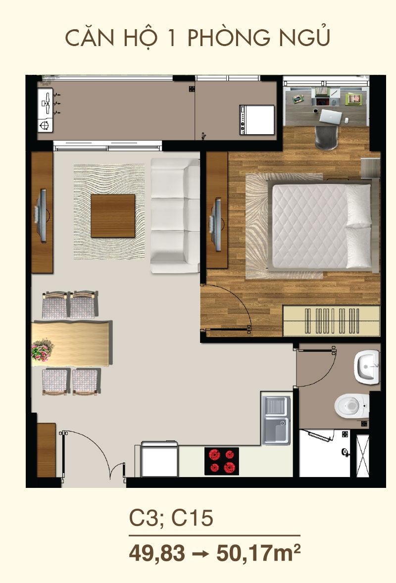 Thiết kế căn hộ 1 phòng ngủ