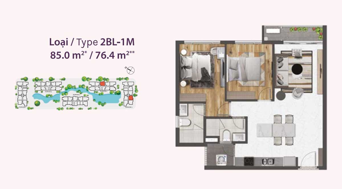 Mặt bằng thiết kế căn hộ 2 phòng ngủ diện tích 85 m2