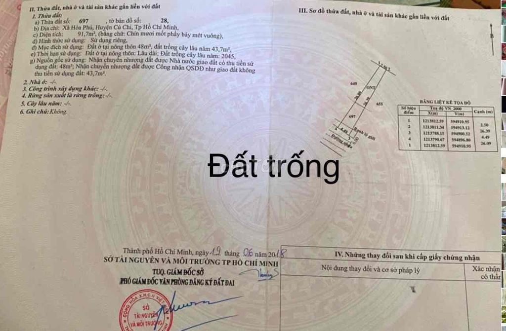 Bán Đất Mt Xã Hoà Phú, Củ Chi. 91M2 (4,5X26M)Giá 1Ty230. Shr Chính Chủ