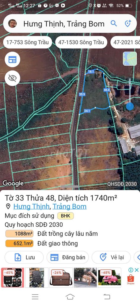 Bán 1Sào7 Có 55M Mt Nhựa,Huớng Đi Sân Bay Lt 15Km,Hưng Thịnh,Trảng Bom