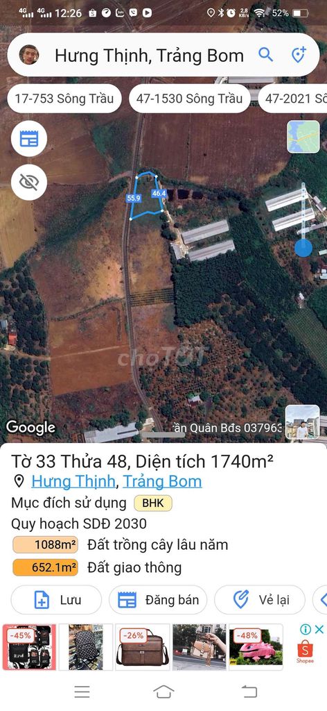 Bán 1Sào7 Có 55M Mt Nhựa,Huớng Đi Sân Bay Lt 15Km,Hưng Thịnh,Trảng Bom