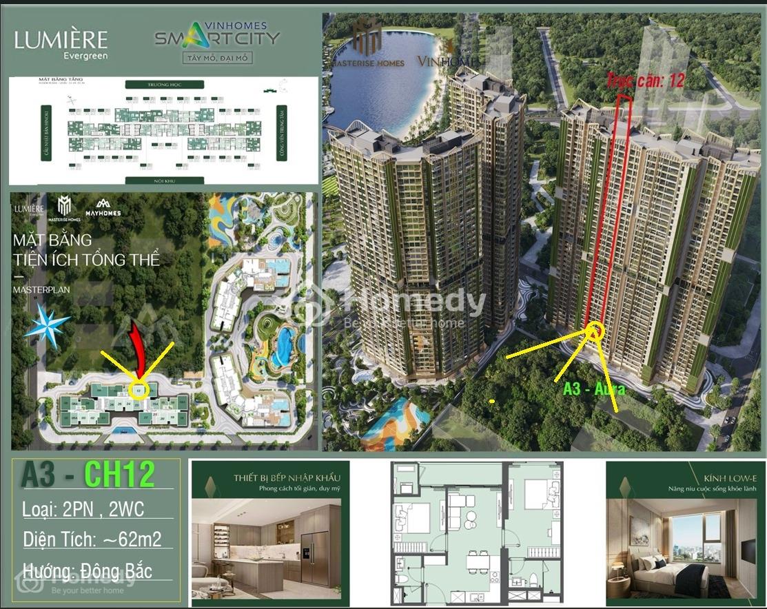 Bán 2Pn 2Vs Lumiere Evergreen A3,Tầng 3,Vinhomes Smart City View Nội Khu, 62M2 Thông Thủy Giá Cđt