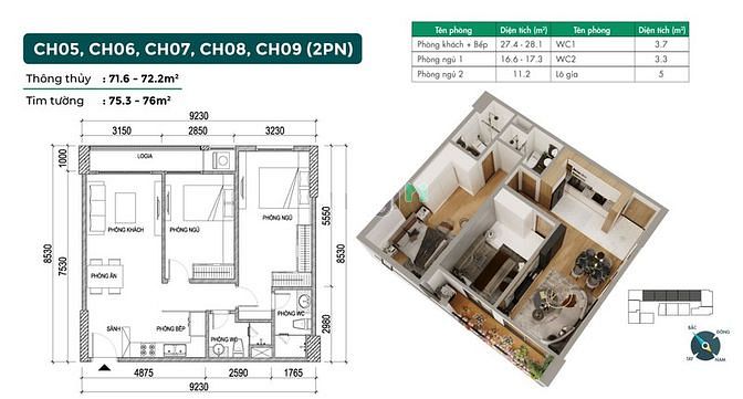 Căn 2 Phòng Ngủ Cuối Cùng 72M2 Green Home Việt Hưng , Giá 30Tr/M2