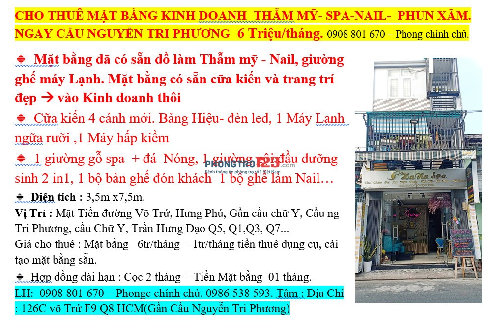 Cho Thuê Mặt Bằng Thẩm Mỹ - Spa – Nail-Tóc 6Tr/Th, Quận 8 Gần Cầu Ng Tri Phương Cầu Chữ Y