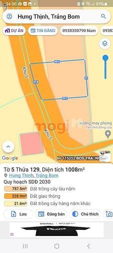 Cần Tiền Bán 1008M Mặt Tiền Đường Nhựa, Xã Hưng Thịnh, Huyện Trảng Bom