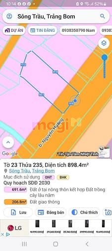 Bán 898M, Có 200M Thổ Cư, Mặt Tiền Đường Nguyễn Hoàng, Xã Sông Trầu