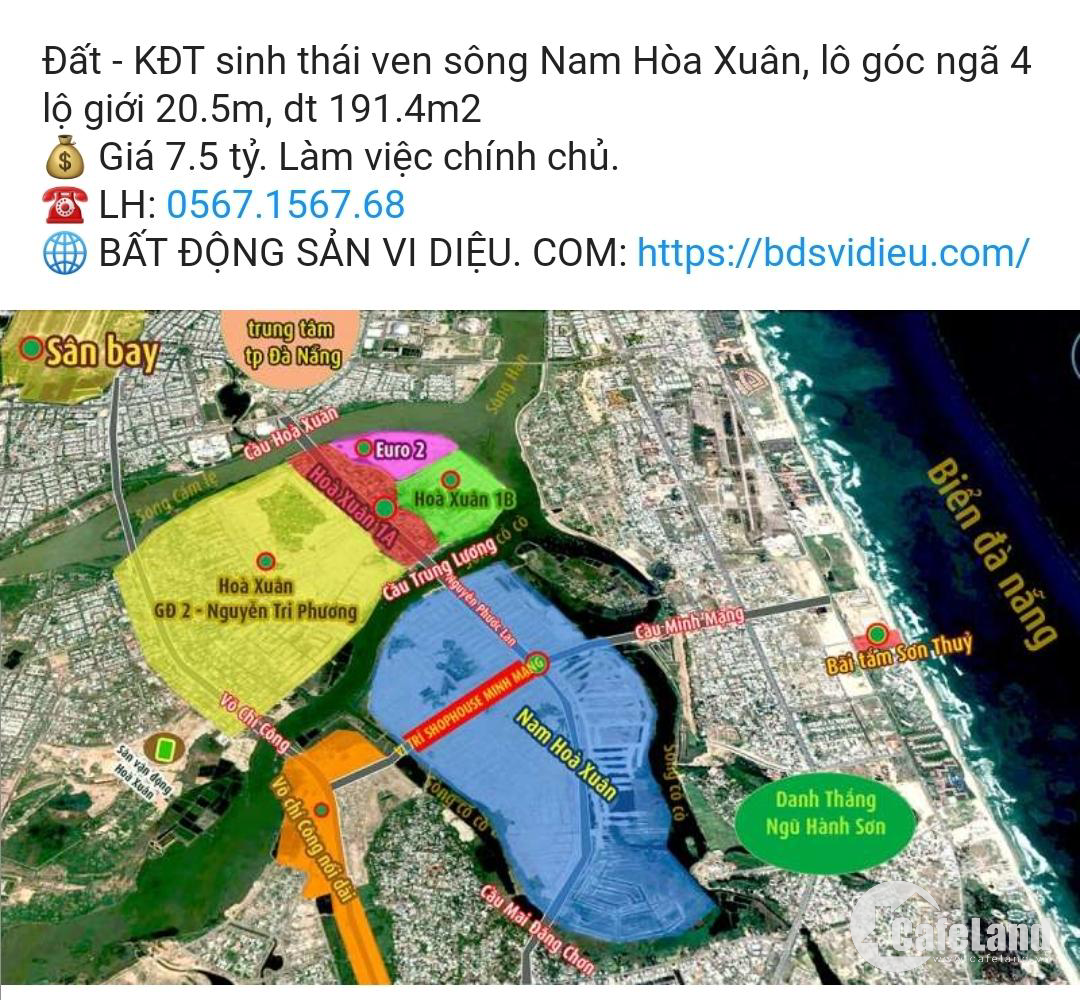 Đất - Kđt Sinh Thái Ven Sông Nam Hòa Xuân, Lô Góc Ngã 4 Lộ Giới 20.5M, Dt191.4M2