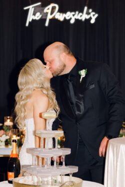 Gold and crystal wedding decor with lush florals at modern wedding in Batavia Illinois