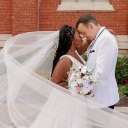 Burgundy and navy floral decor at Steeple Square wedding Dubuque Iowa