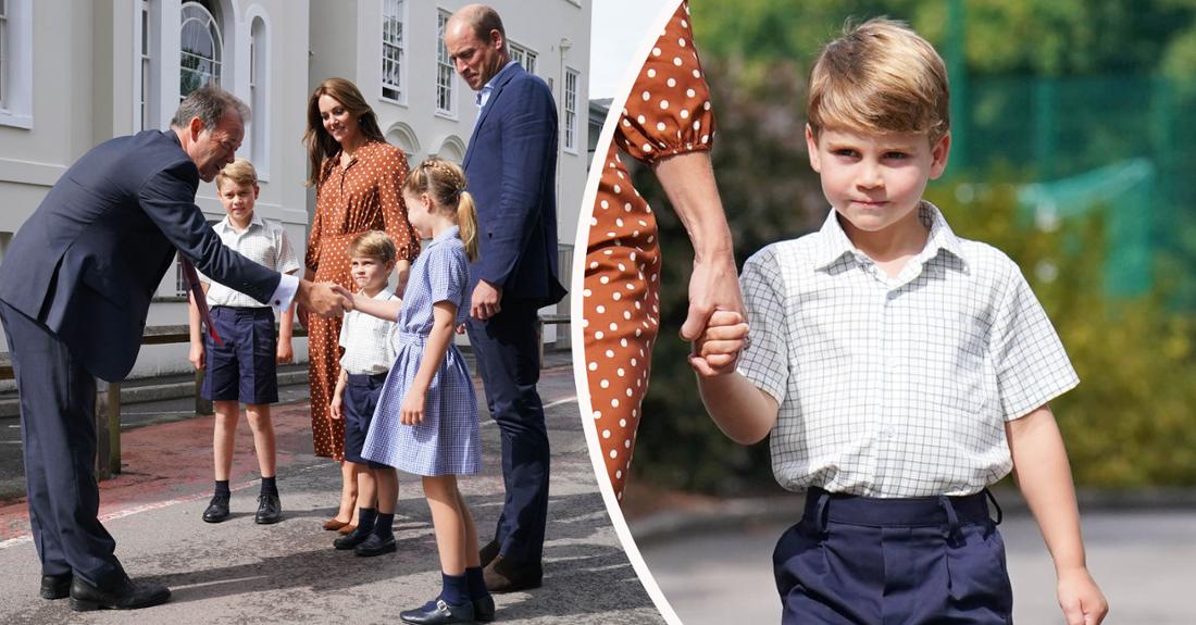 Prinz Louis geht entschlossen mit seinen Eltern dem Herzogspaar von Cambridge, Prinzessin Charlotte und Prinz George an seinem ersten Schultag zur Lambrook School in Berkshire (Fotomontage).
