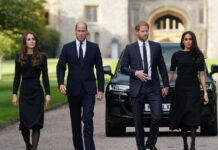 Prinzessin von Wales, William, Prinz von Wales, Prinz Harry, Herzog von Sussex, und seine Frau Meghan, Herzogin von Sussex.