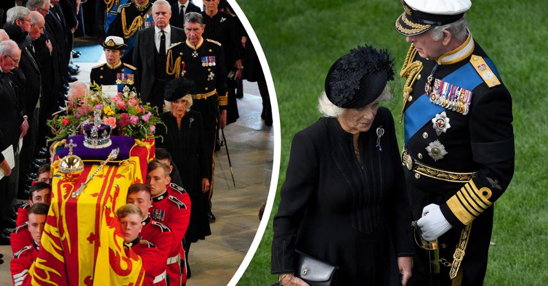 Collage Queen-Beerdigung: Sarg und Camilla und Charles