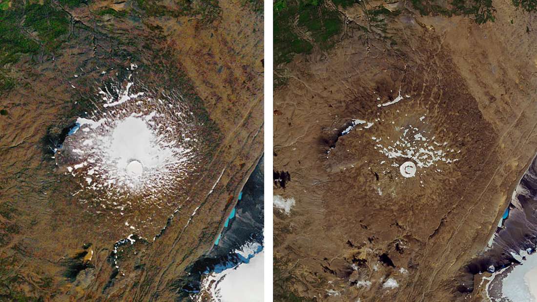 Die Erde erwärmt sich, die Gletscher schmelzen. Links zu sehen ist der Okjökull-Gletscher auf dem Gipfel des Vulkans Ok auf Island im September 1986. Im August 2019 (rechtes Bild) ist von dem einstigen Gletscher nur noch ein kleiner Eisfleck übrig geblieben.
