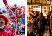 Links sieht man Jecken beim Karnevalfeiern in Köln, links Besucher auf einem Weihnachtsmarkt. (IDZRW-Montage)