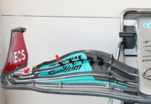 Mercedes W13 dettaglio dei deviatori di flusso che sono stati bocciati dalla FIA
