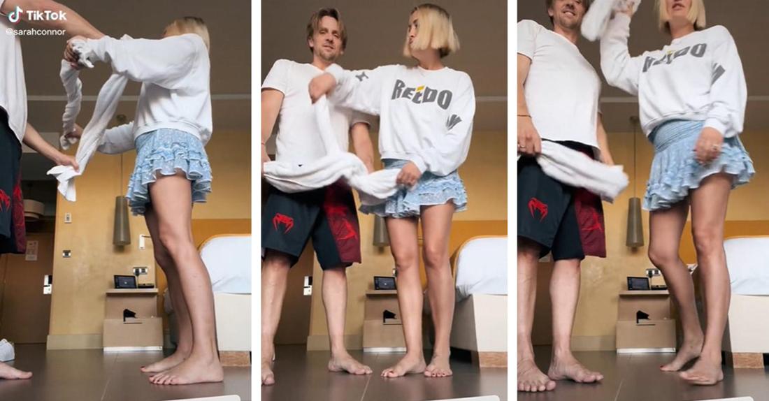 Popstar Sarah Connor versucht sich mit ihrem Partner Florian Fischer an der Towel Challenge bei TikTok (Fotomontage)
