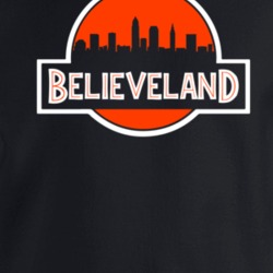 Believeland Cleveland Football Jurassic Park Logo Skyline Mashup Parod