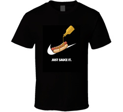 hot dog sitting JUst Sauce it Swoosh parody Just do it