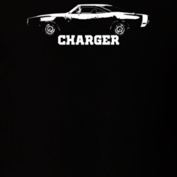 1970 Charger Side View With Model Dark Color T Shirt