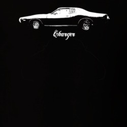 1974 Charger Side View With Model Dark Color T Shirt