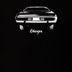 1974 Charger Rear View With Model Dark Color T Shirt