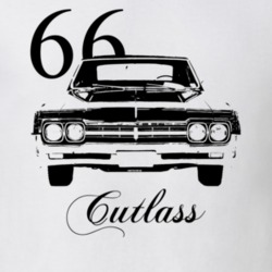 1966 Cutlass Grill View With Model and Large Year Light Color T Shirt