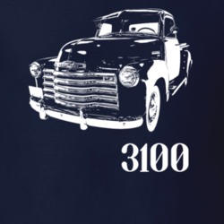 1950 3100 Pickup Side View With Model Dark Color T Shirt