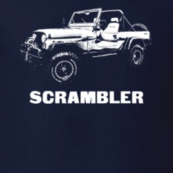 1984 Scrambler Side View With Model Dark Color T Shirt
