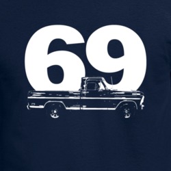 1969 F100 Pickup Truck Side View With Year Navy Blue T Shirt