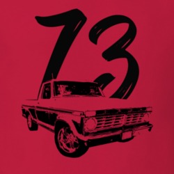 1973 F100 Pickup Truck Three Quarter Side View With Year Red T Shirt