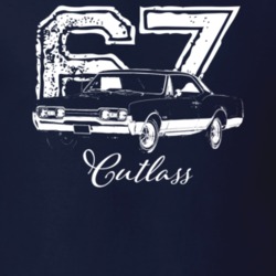 1967 Cutlass Three Quarter View With Year And Model Dark Color T Shirt